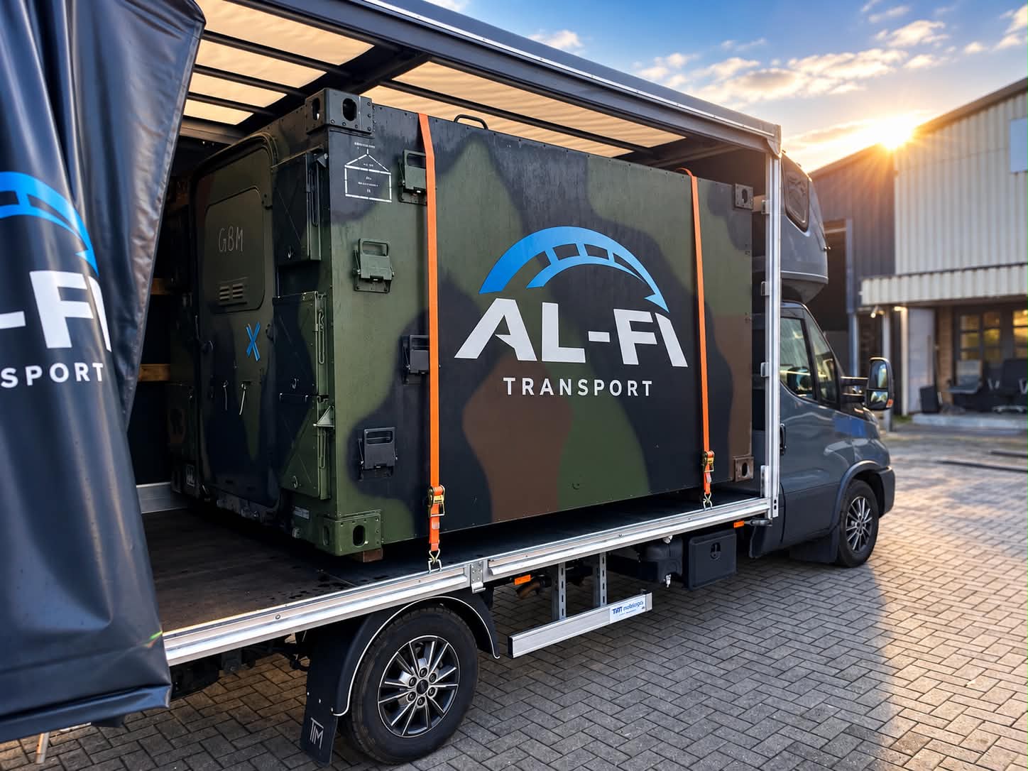 AL-FI Transporter mit gesicherter Ladung, seitlich über die Schiebeplane beladen
